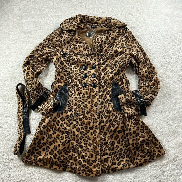 Neslay leopard  and faux leather belted peacoat, size small - Picture 3 of 9